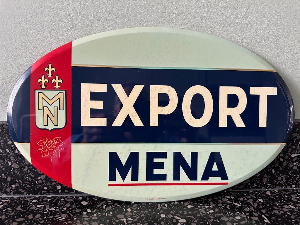 Schitterend Mena Export bier glacoide bord. 1950., Verzamelen, Ophalen of Verzenden, Gebruikt, Reclamebord