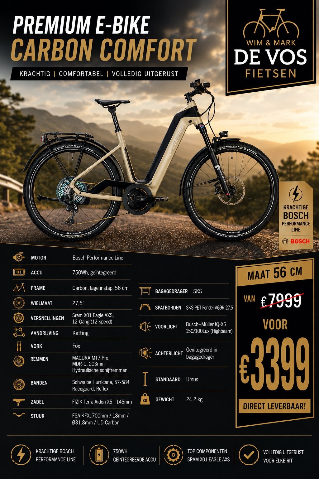 Victoria Fybron 8 Carbon E-bike - Bosch CX, AXS, 750Wh, Nieuw, 50 km per accu of meer, 55 tot 59 cm, Ophalen