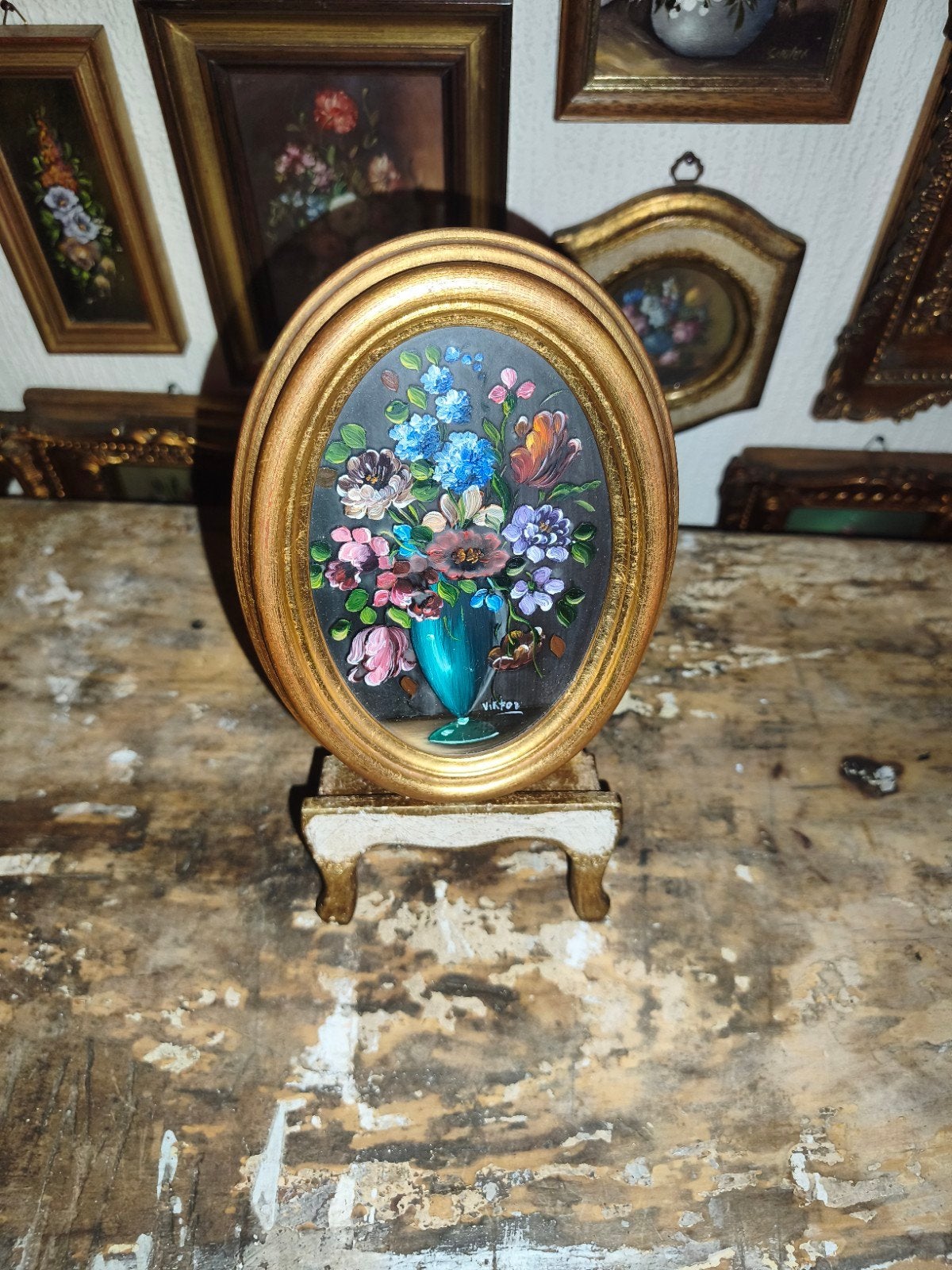 oud schilderijtje schilderij lijst stilleven bloemen Y28, Ophalen of Verzenden
