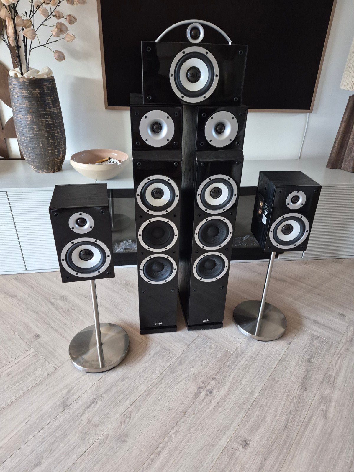 teufel 5.1 surround speakerset incl subwoofer en standaards, Audio, Tv en Foto, Geschikt voor surround/home cinema, Zo goed als nieuw