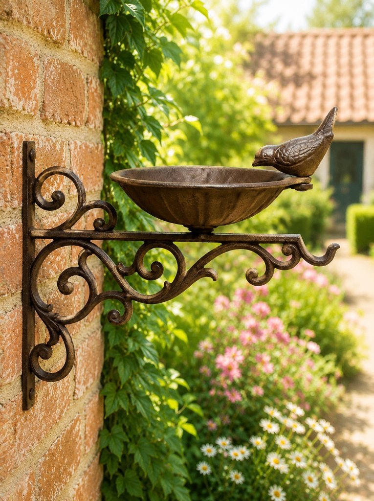 VOEDERSCHAAL MET VOGELS / GIETIJZER / PLANTENHAAK