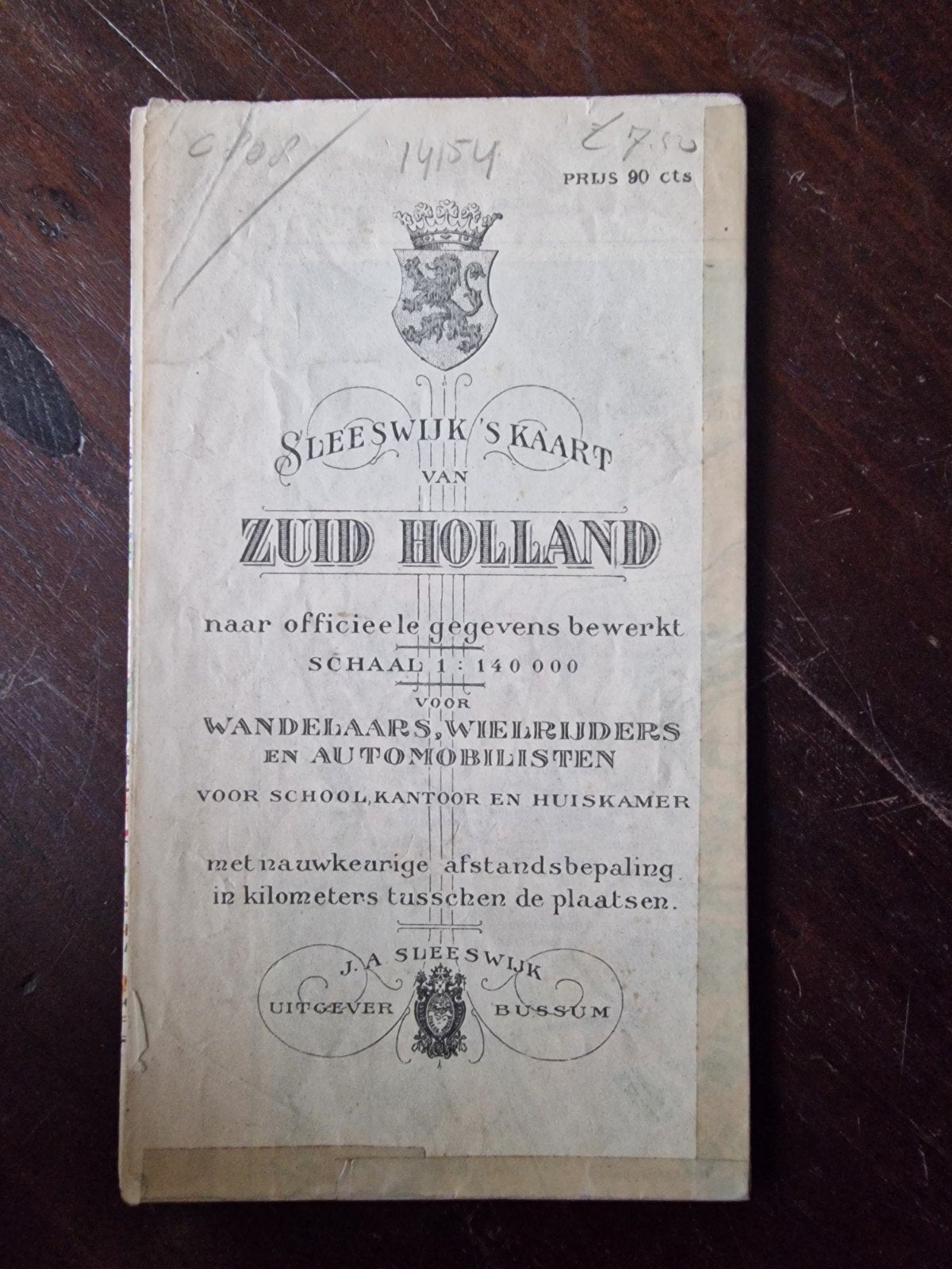 Sleeswijk's Kaart van Zuid-Holland - Wandel, Fiets, Auto, Gelezen, Ophalen of Verzenden, Landkaart, 1800 tot 2000