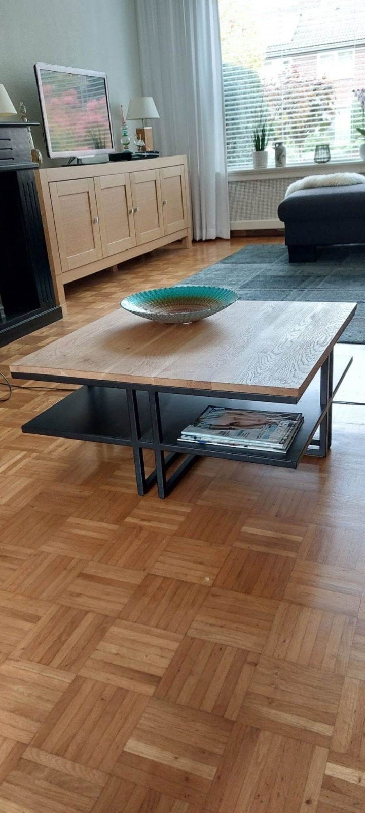 Salontafel industrieel met eikenblad te koop., Ophalen, 100 tot 150 cm, 50 tot 100 cm, Zo goed als nieuw