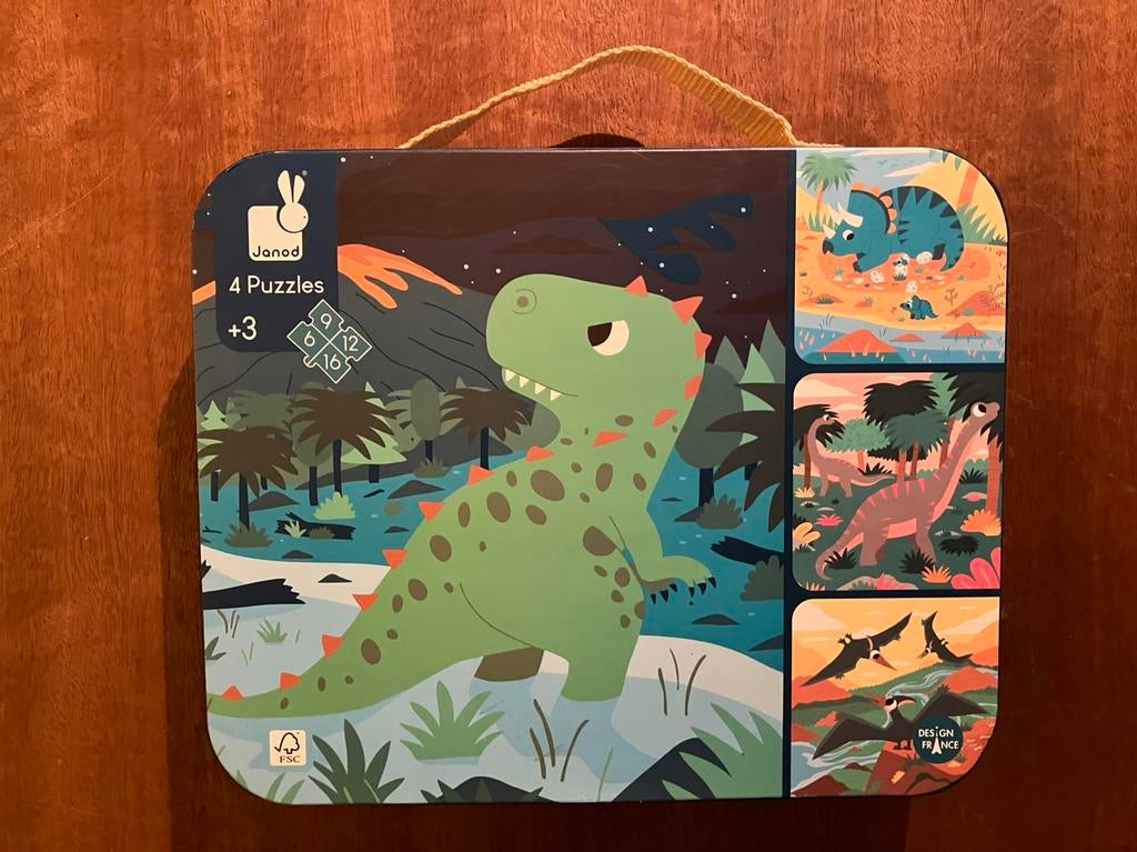 Janod • 4 puzzels • dinosaurus • in koffer • 3+, Ophalen of Verzenden, Gebruikt