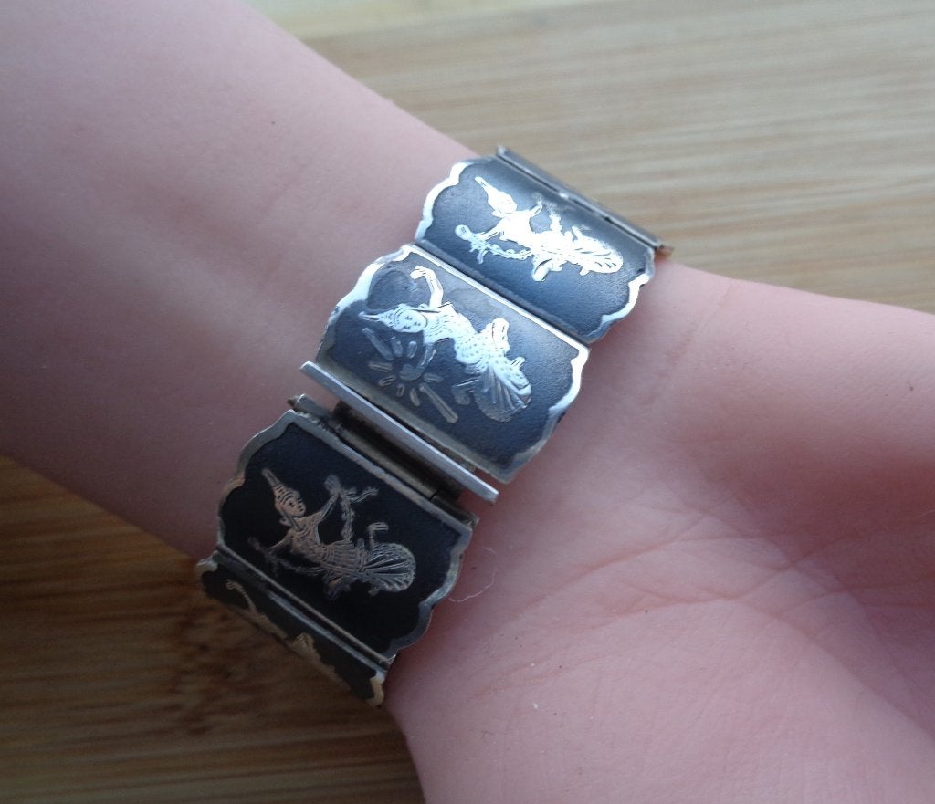 zilveren Siam Niello paneel armband met dansers [982], Verzenden, Zo goed als nieuw, Zilver, Zilver