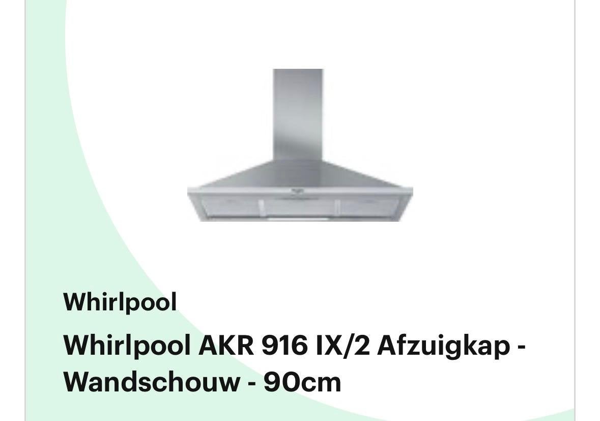 Whirlpool AKR 916 IX/2 Afzuigkap - Wandschouw - 90cm, Ophalen, Gebruikt, Vrijstaand, Wandschouwkap