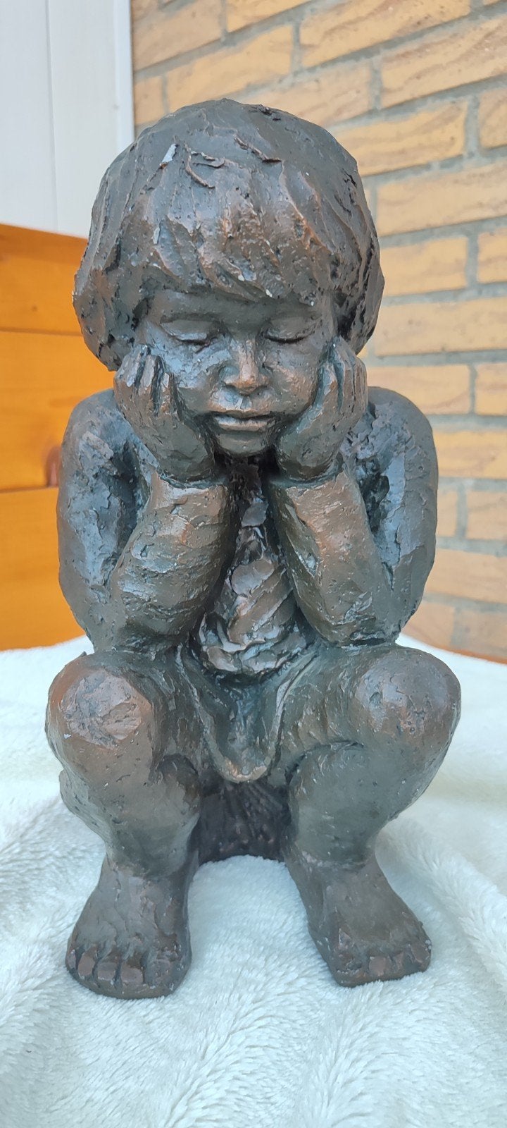 Geert Kunen Beeldje - Gebakken Klei met Bronslaag, 39cm, Groep mensen, Art deco, Ophalen of Verzenden, Steen of Keramiek