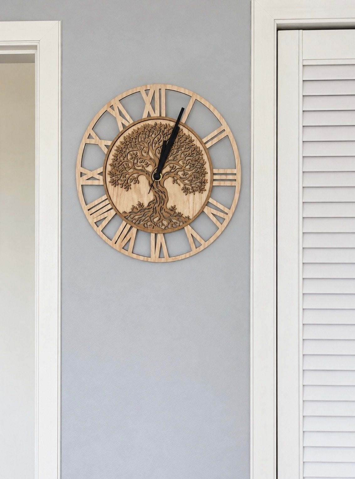 Houten wandklok met levensboom design, Wandklok, Bruin, Landelijk, Analoog