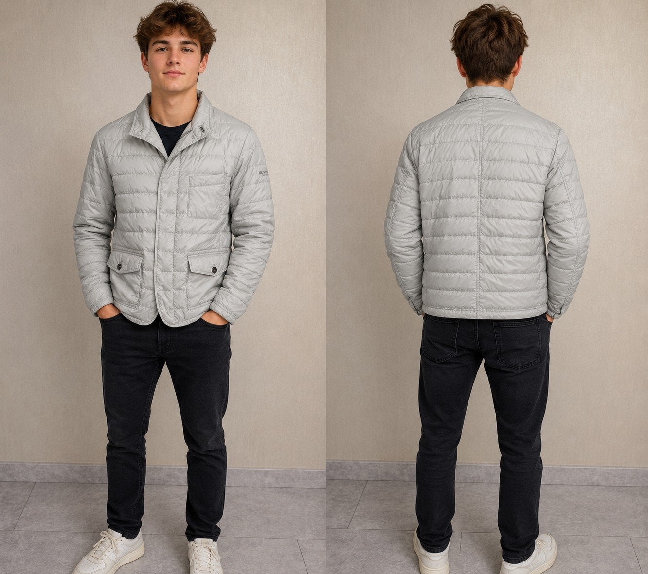 Woolrich tussenjas maat S grijs nylon/ganzendons kleine gat, Verzenden, Grijs, Maat 46 (S) of kleiner, Gedragen