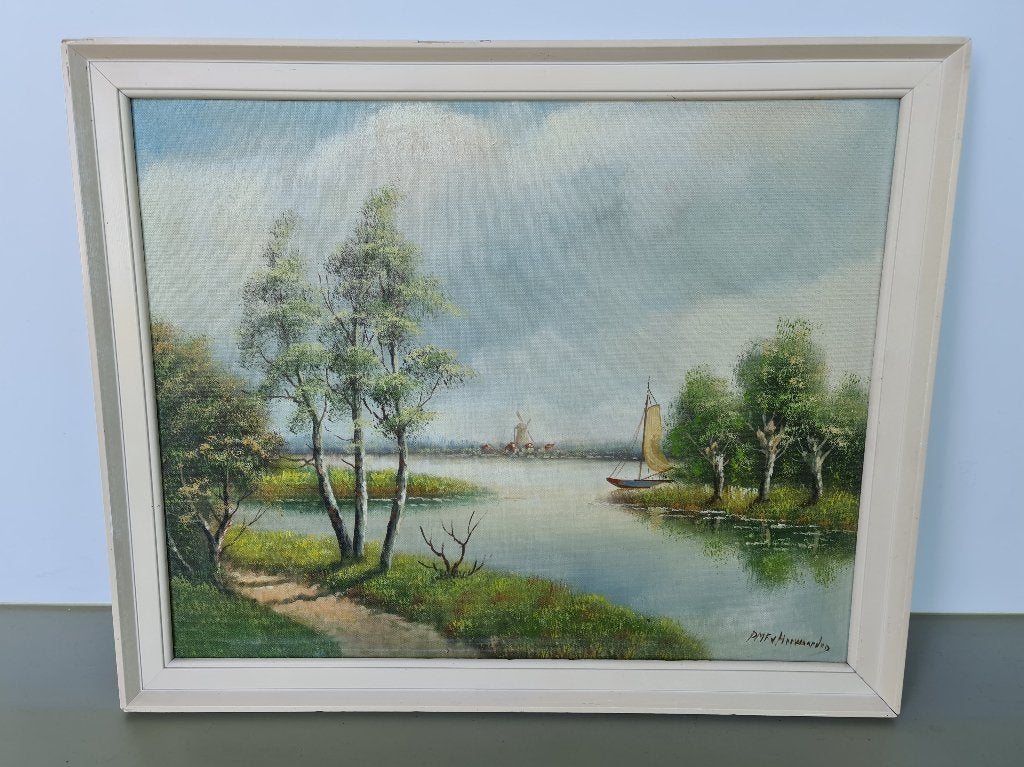 schilderij PMF v Herwaarden waterpartij wolkenlucht 56x46cm, Doek, Oud hollands, Ophalen of Verzenden, Landschap