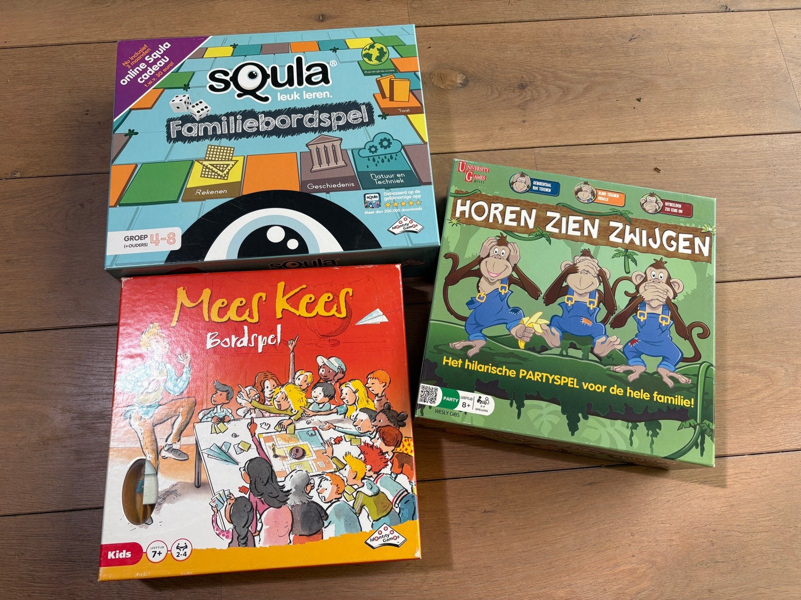 3 nieuwe bordspellen: Squla, Mees Kees, Horen Zien Zwijgen, Hobby en Vrije tijd, Gezelschapsspellen | Bordspellen, Ophalen of Verzenden
