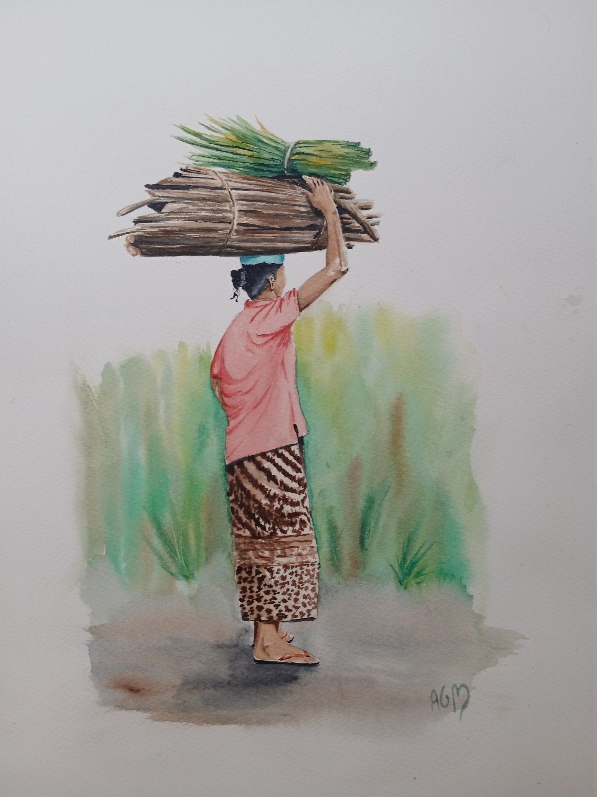 aquarel vrouw Indonesië., Antiek en Kunst, Ophalen of Verzenden