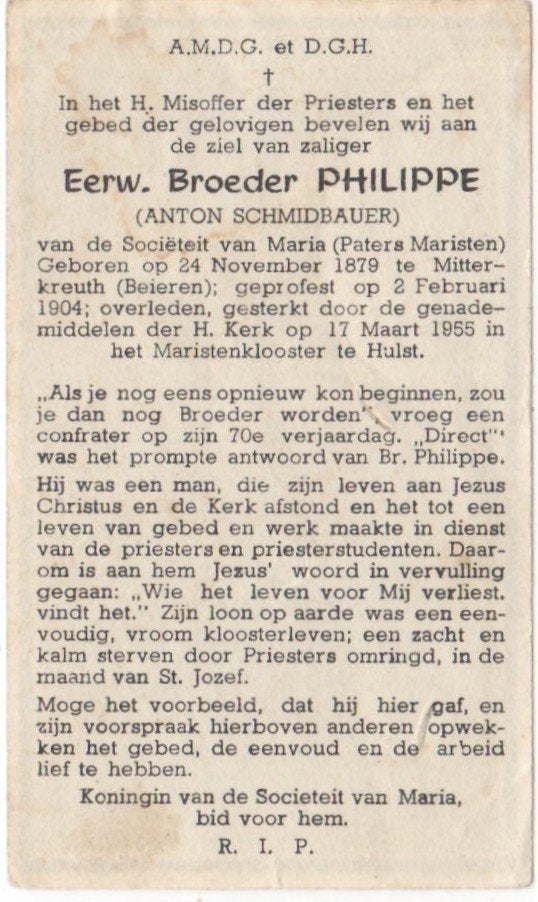 broeder Anton Schmidbauer 1879 Mitterkrauth + 1955 Hulst, Ophalen of Verzenden