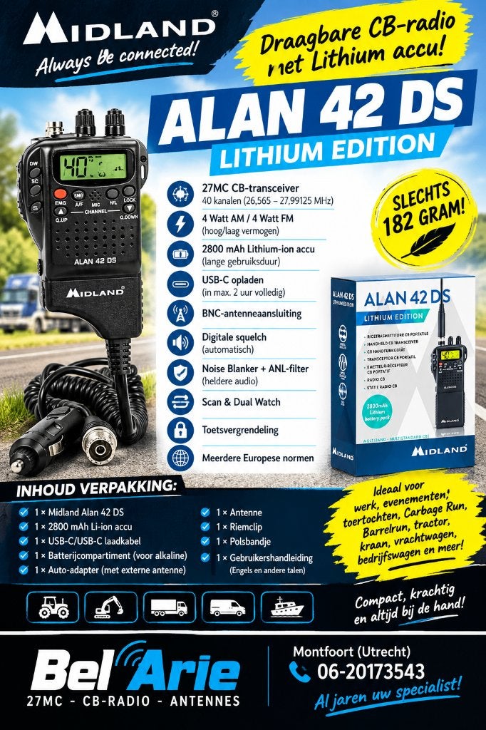 Midland Alan 42 DS Lithium Edition     – 27MC CB Portofoon –, Ophalen of Verzenden, Nieuw, Zender en Ontvanger