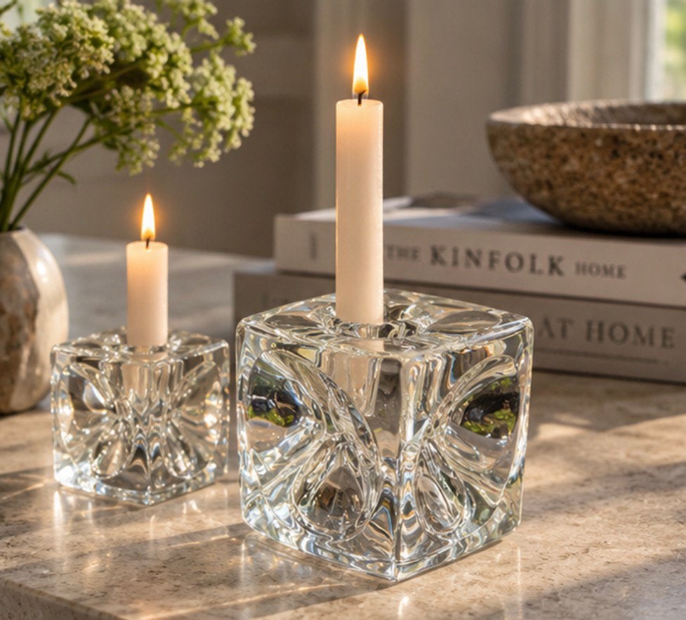 Vintage Sklo Union glas kaarshouder – Rudolf Jurnikl, Huis en Inrichting, Ophalen of Verzenden, Zo goed als nieuw, Glas, Waxinelichthouder