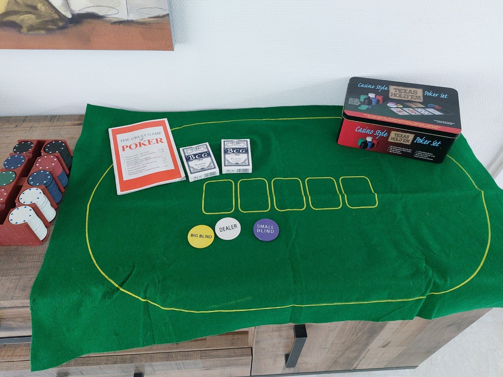 Nieuw Texas Hold'em Poker Set  met cardshuffler, Drie of vier spelers, Ophalen of Verzenden, Nieuw, Casino Style