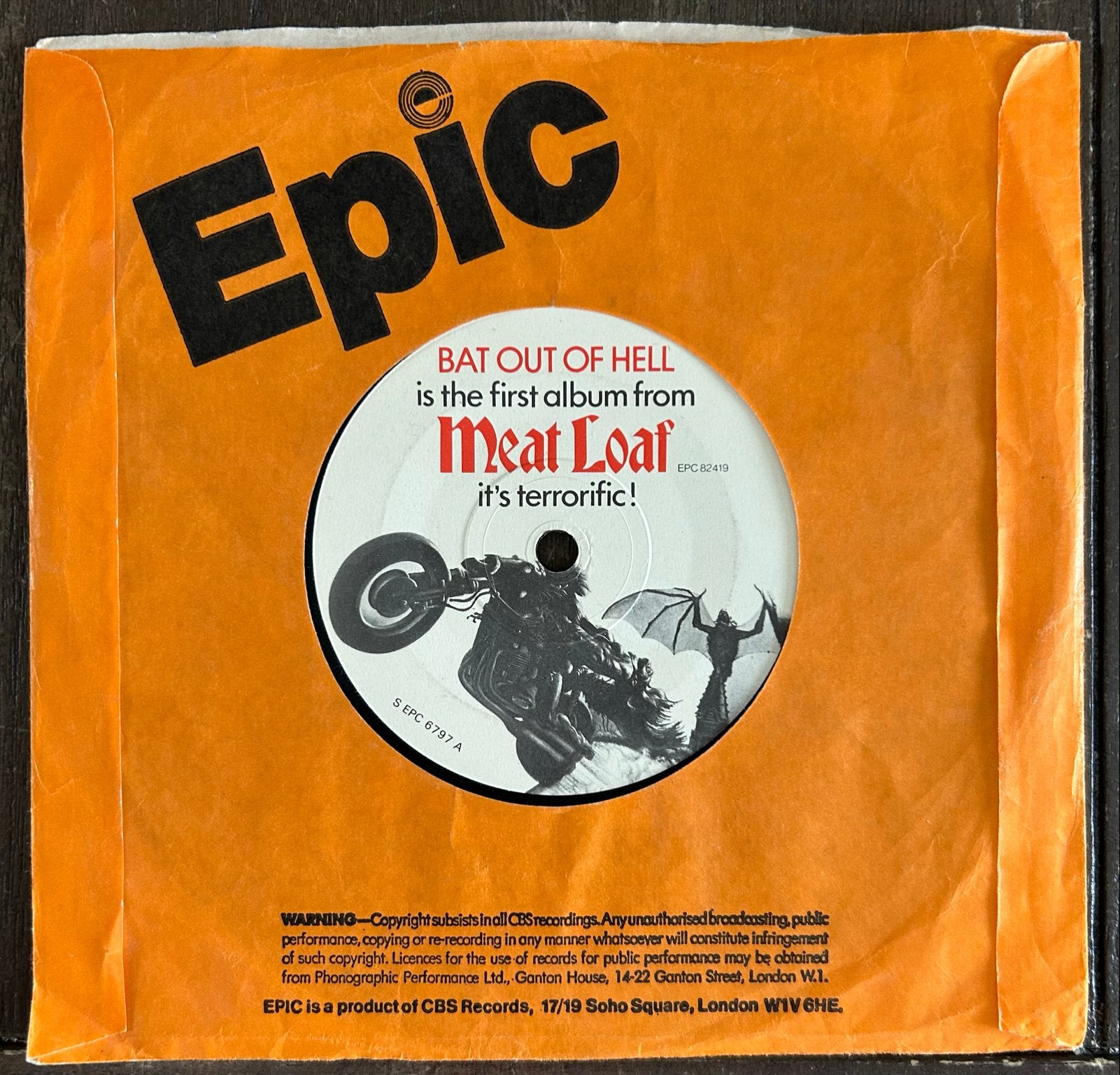 Meat Loaf - Bat Out of Hell 7 inch vinyl single, Cd's en Dvd's, Vinyl Singles, Gebruikt, Originele persing, 7 inch, Ophalen of Verzenden
