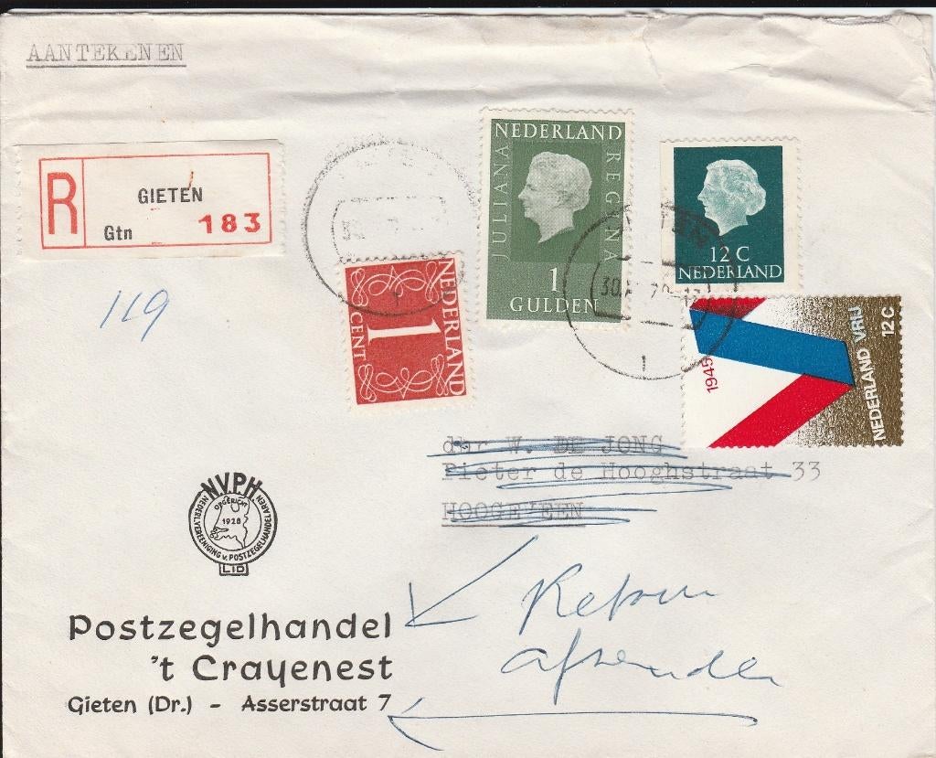 GIETEN (Dr) 1970 Postzegelhandelt CRAYENEST aangetekend, Ophalen of Verzenden, 1960 tot 1980, Gelopen, Drenthe