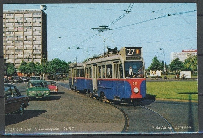 GVB Tram Nr.921 Lijn 27 Foto-Ansichtkaart TRAM t-124 jdu, Ophalen of Verzenden, Zo goed als nieuw, Tram, Kaart of Prent