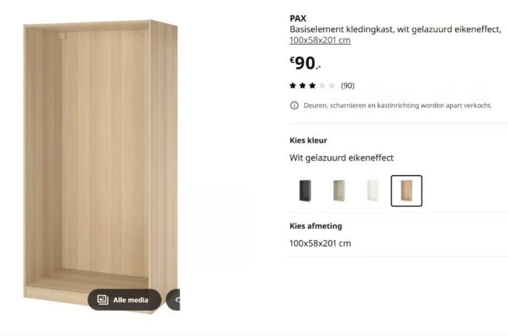 Foto 5 van Pax kledingkast (1m breed x 2m hoog) Compleet - Eikenpatroon