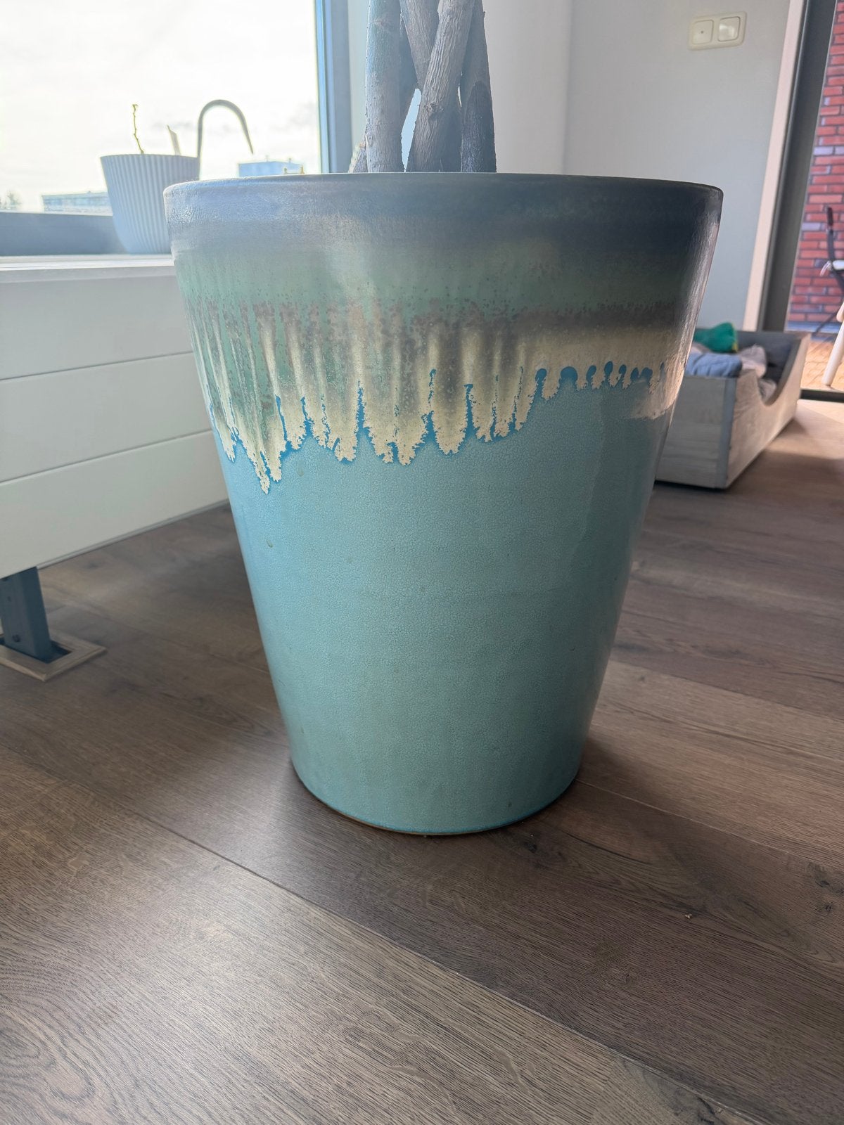 Grote turquoise bloempot met uniek glazuur, 25 tot 40 cm, Rond, Binnen, Ophalen of Verzenden