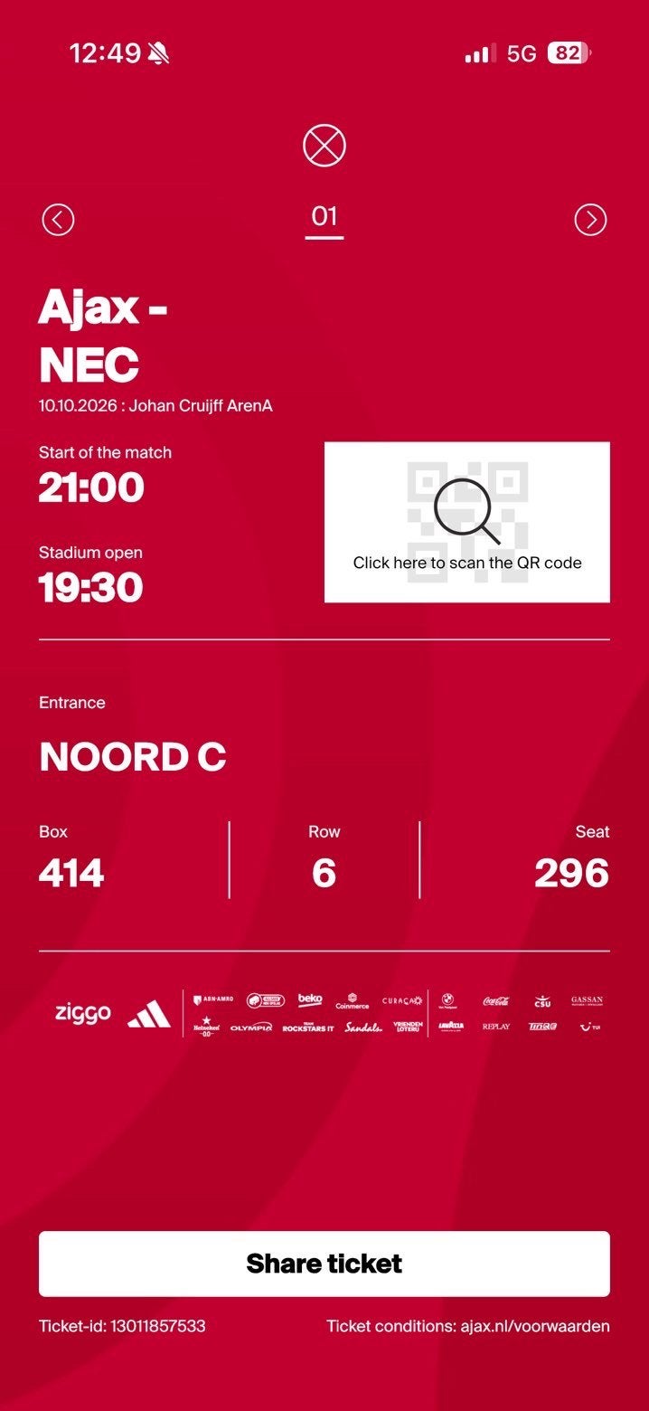 Ajax - Nec 1 Ticket Mooie plek!, Tickets en Kaartjes, Eén persoon