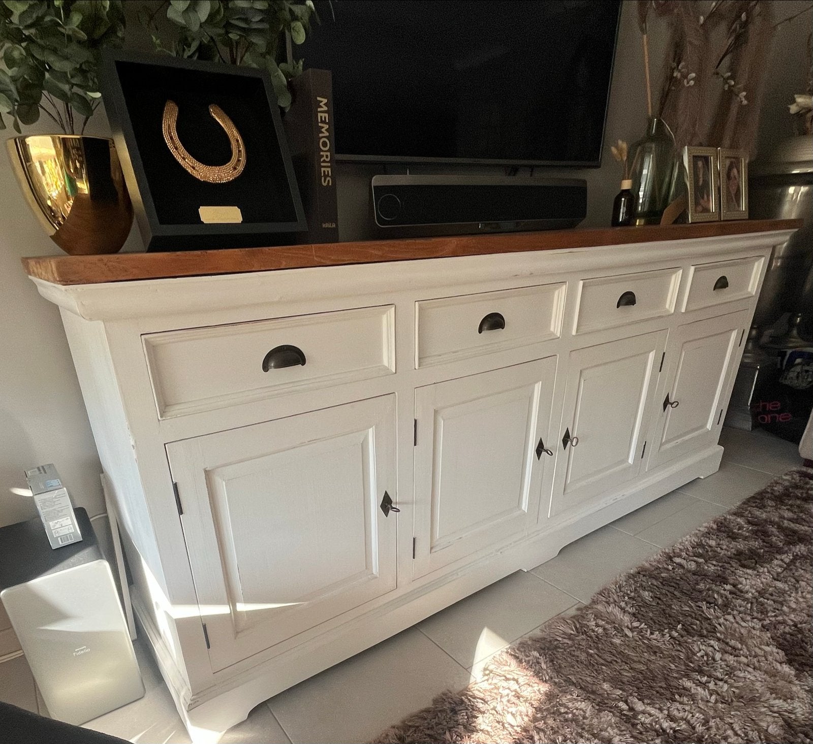 Dressoir met zwaar eiken blad en 4 lades - White wash, Ophalen, Gebruikt, Eikenhout, 200 cm of meer