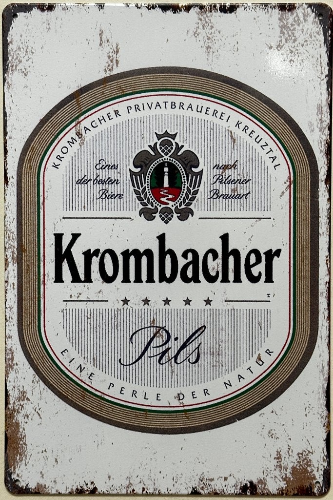 Krombacher bier logo wit reclamebord van metaal wandbord