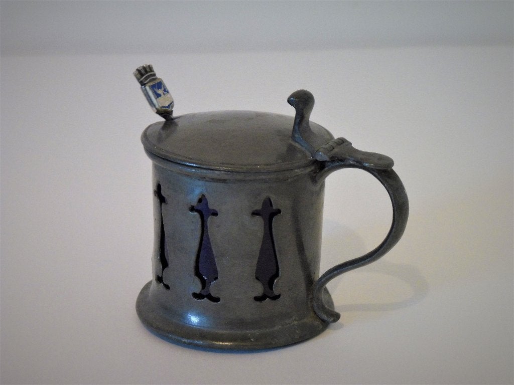 Antiek tinnen mosterdpot deksel pot duimrust blauw glas, Ophalen of Verzenden