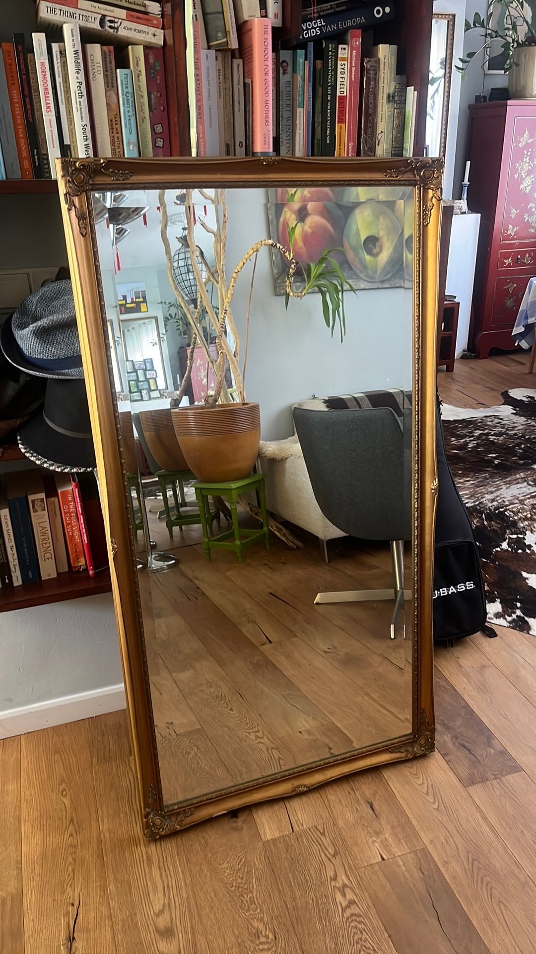 Grote gouden spiegel, Ophalen, Gebruikt, 100 tot 150 cm, Rechthoekig