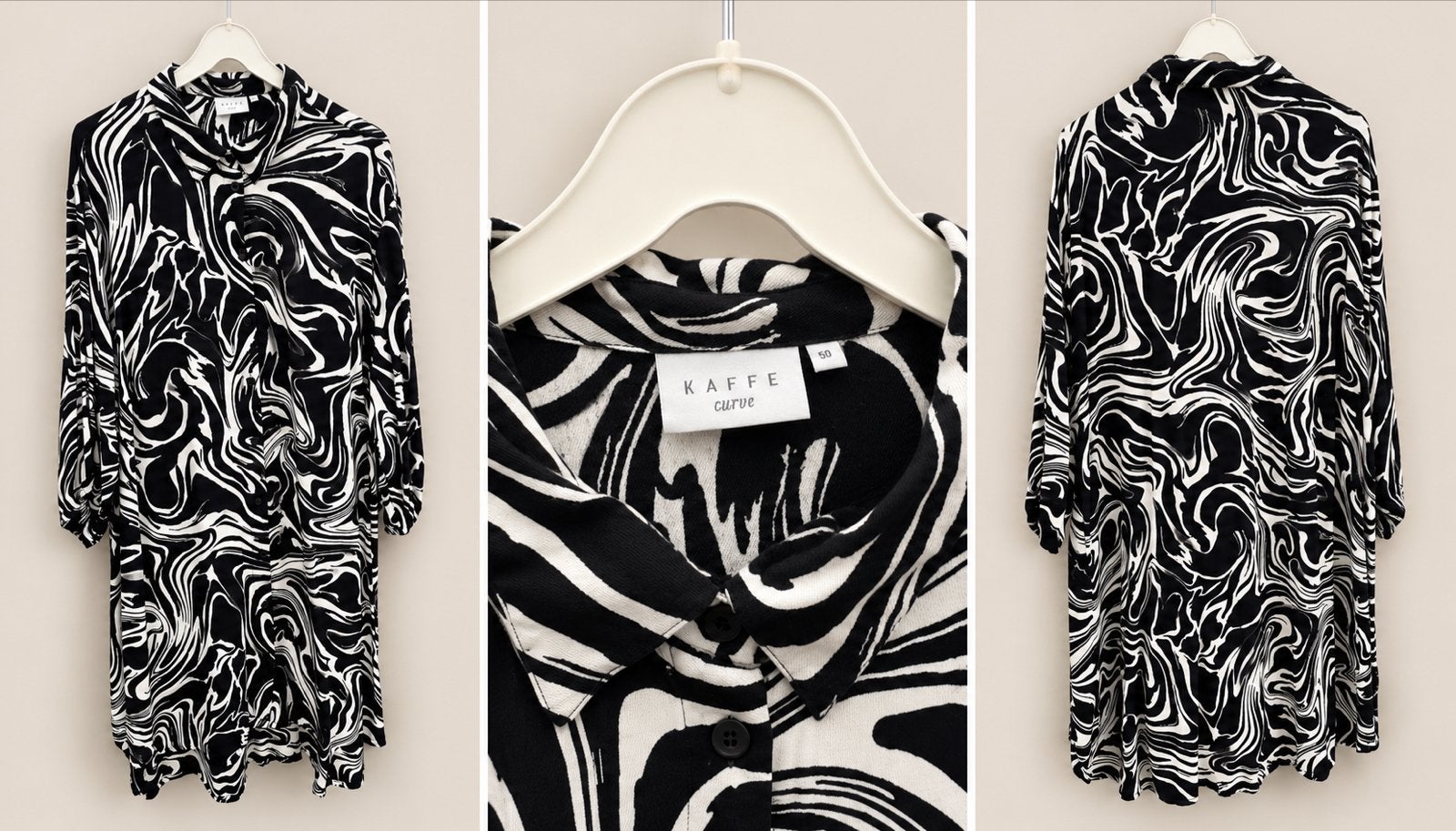 Kaffe Curve Jurk met Zwart-Wit Abstract Patroon maat 50, Kleding | Dames, Jurken, Zwart, Maat 46/48 (XL) of groter, Ophalen of Verzenden
