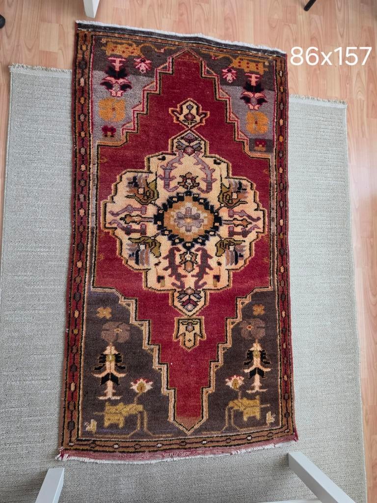 Handgeweven Turks kleed - Rood met patronen (86x157 cm), Zo goed als nieuw, Turks, Traditioneel, Oosters, 150 tot 200 cm, Bruin
