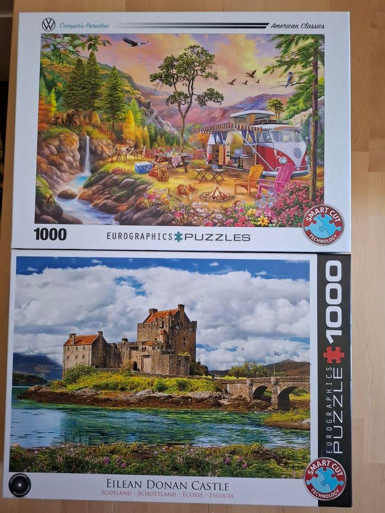 2 Eurographics legpuzzels: Camper's Paradise & Eilean Donan, Ophalen of Verzenden, 500 t/m 1500 stukjes, Zo goed als nieuw, Legpuzzel