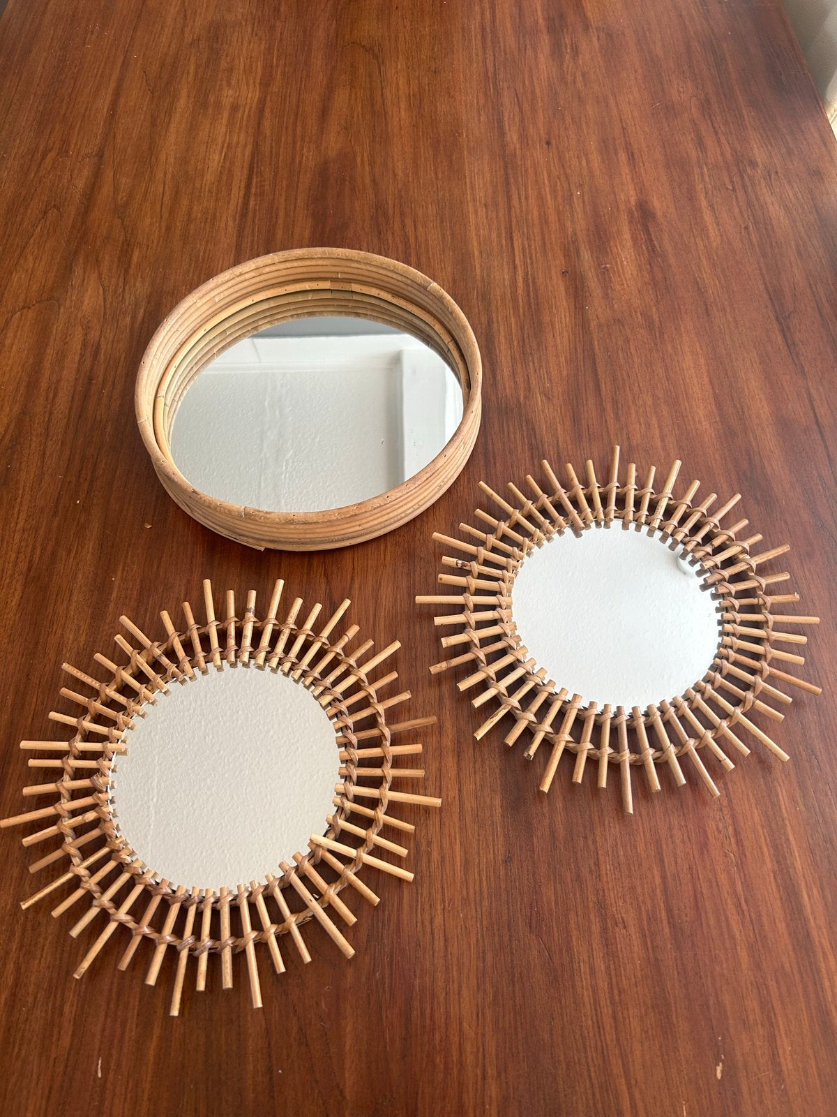 Set van 3 rotan spiegels, zonnespiegel en ronde spiegel, Huis en Inrichting, Woonaccessoires | Spiegels, Minder dan 50 cm, Gebruikt
