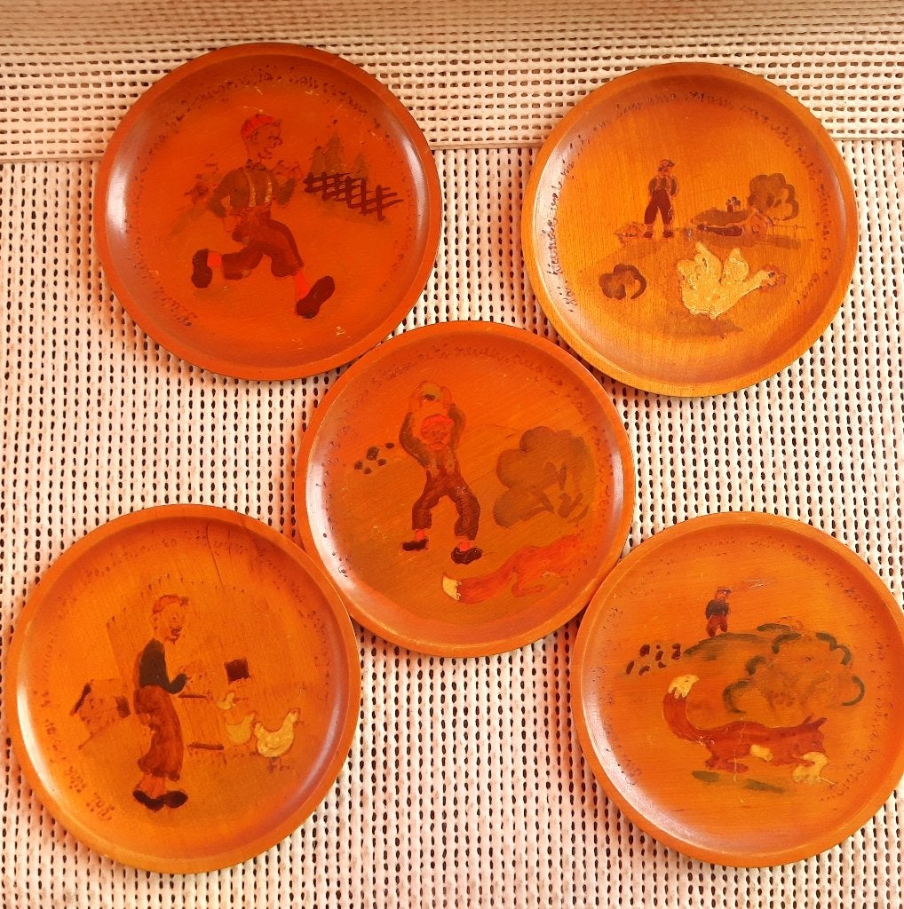 5 houten gedraaide retro schaaltjes, Ophalen of Verzenden, Gebruikt, Eigen ontwerp, Hout