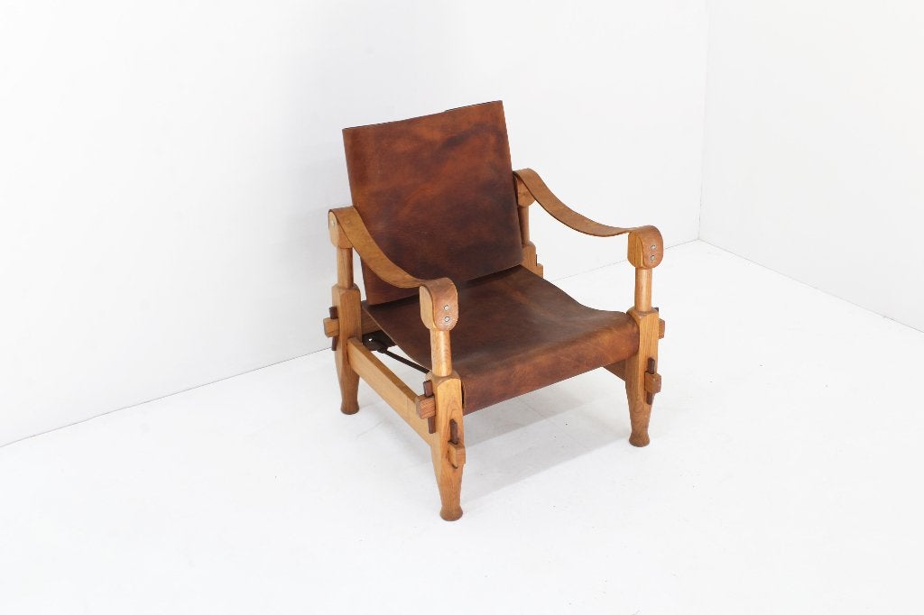 Vintage brutalist leren safari fauteuil 1960s, Ophalen, Gebruikt, Vintage, 50 tot 75 cm