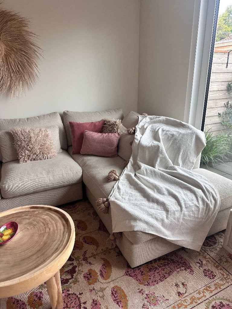 Marokkaans wollen pompom kleed/sprei, Ophalen, Beige, 150 tot 200 cm, Vierkant