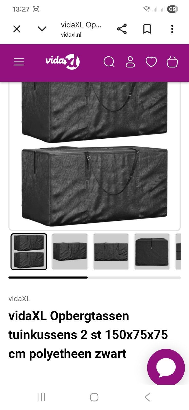 Opbergtas tuinkussens 150x75x75 cm met rits en handvatten, Ophalen, Zo goed als nieuw
