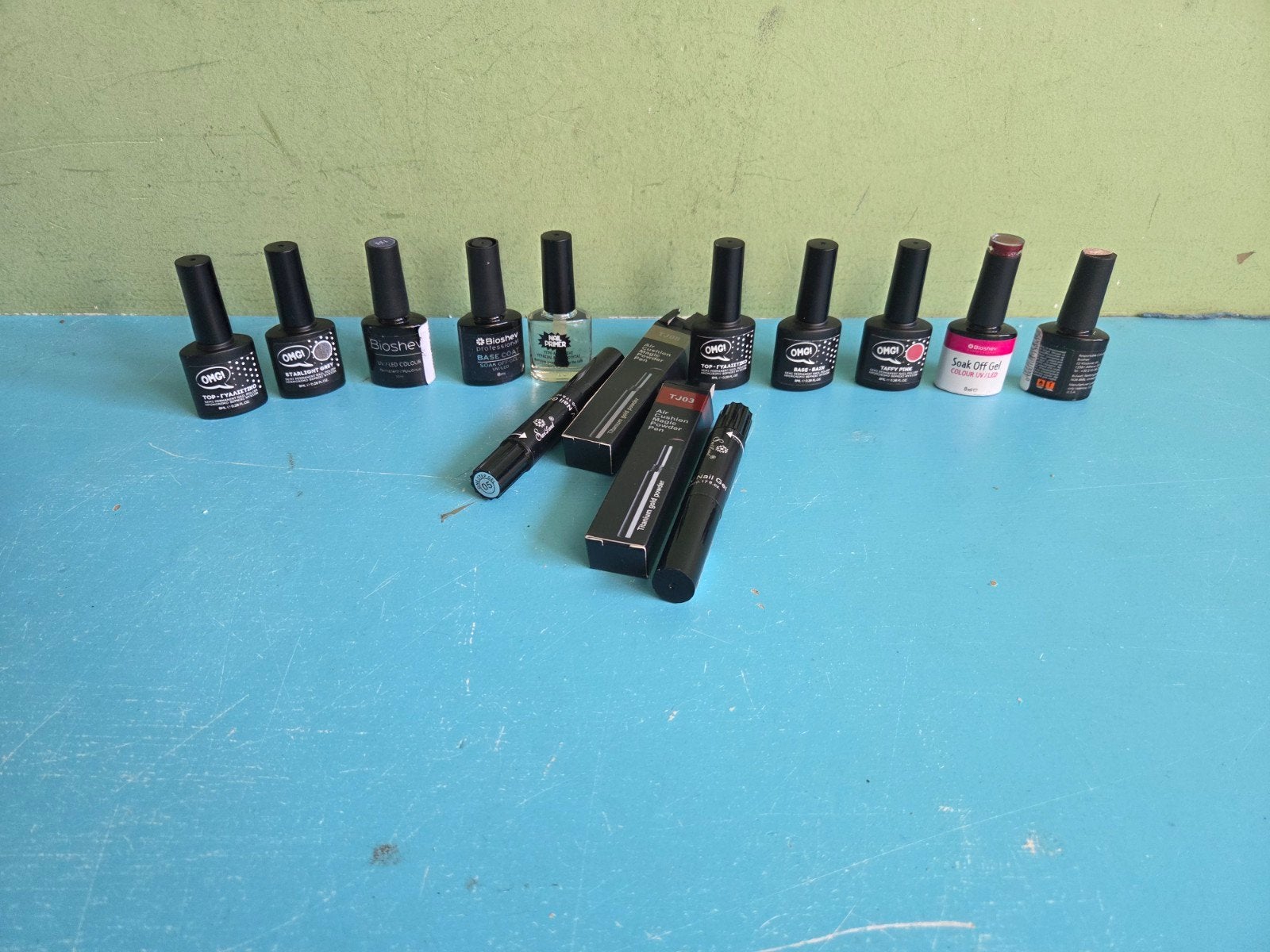 Gellak set met topcoat, basecoat en nagelpoeder pennen, Ophalen of Verzenden, Zo goed als nieuw, Gehele gezicht, Overige typen