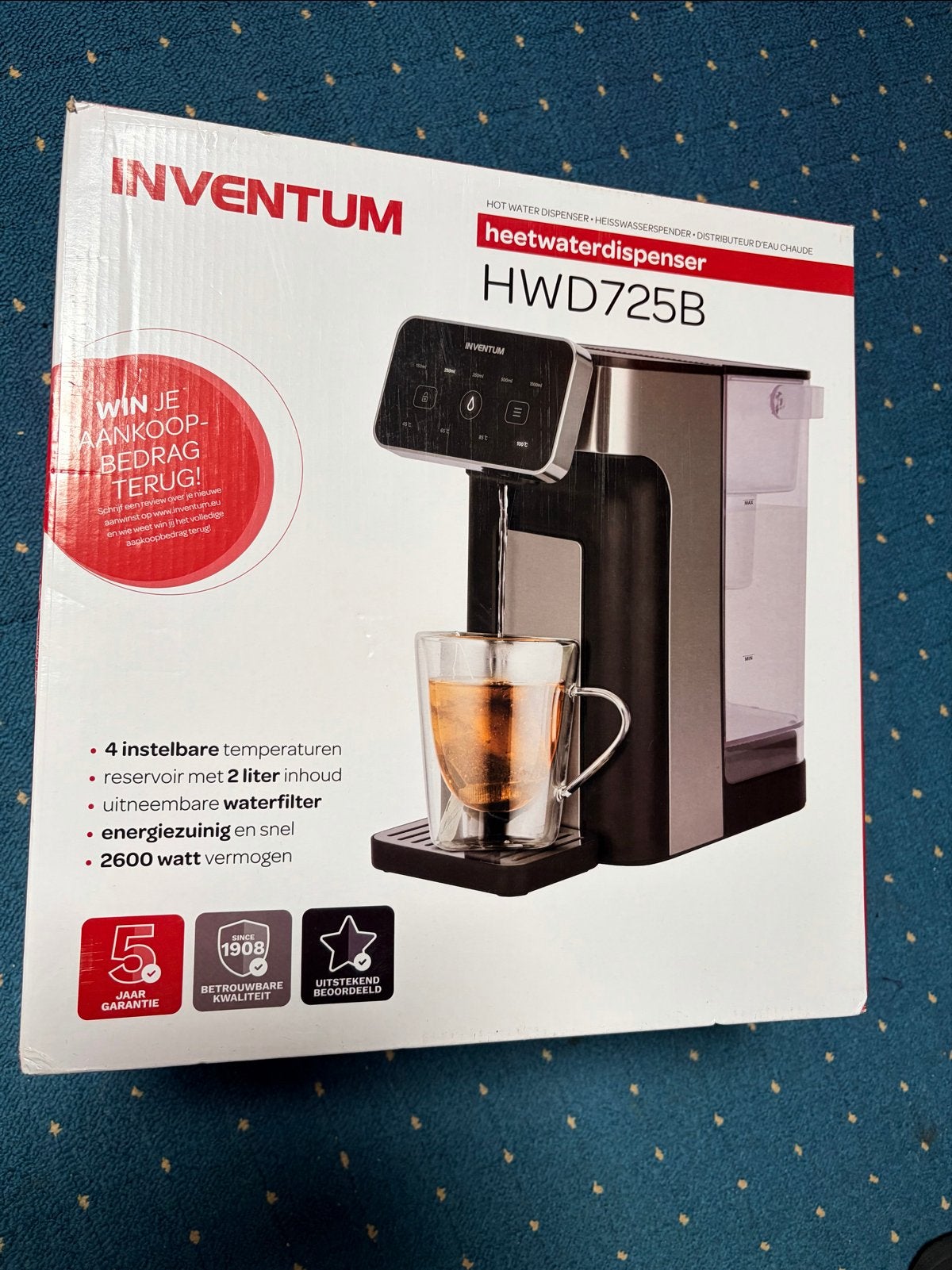 Inventum HWD725B Heetwaterdispenser - Nieuw in doos!, Witgoed en Apparatuur, Waterkokers, 2 liter of meer, Ophalen of Verzenden