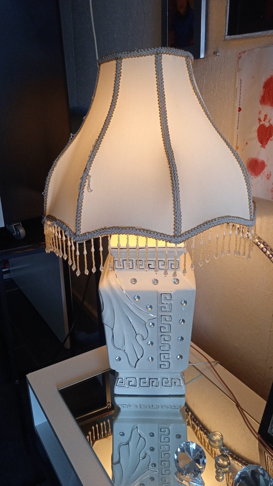 Swarovski Tafellamp met Kralen en Kristallen, Overige merken, Textiel, Met kap, Wit