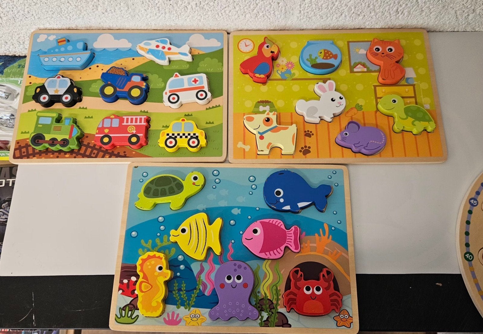 Houten Insteekpuzzels - Voertuigen, Dieren, Zeeleven, Ophalen, Gebruikt, Overige typen