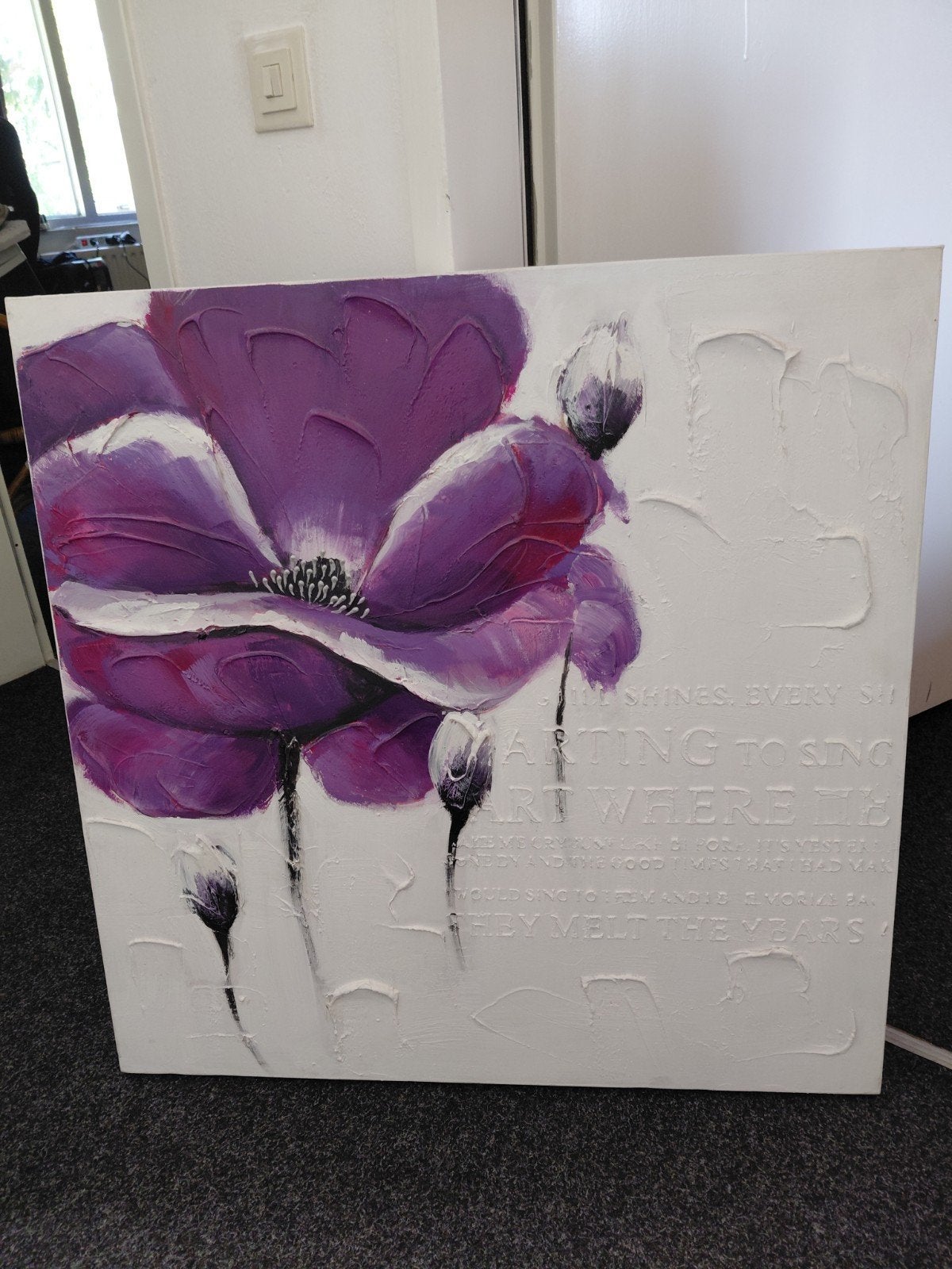 Schilderij met paarse bloemen en textuur, Ophalen
