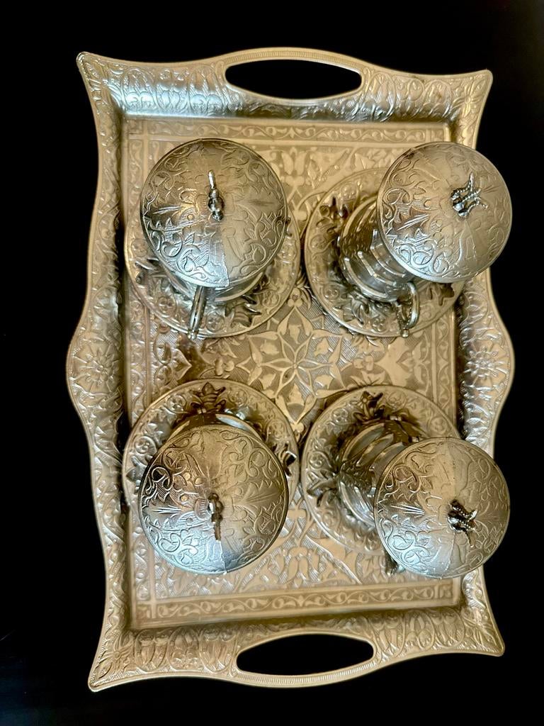 Turkse koffieset met dienblad - Zilverkleurig, Ophalen of Verzenden