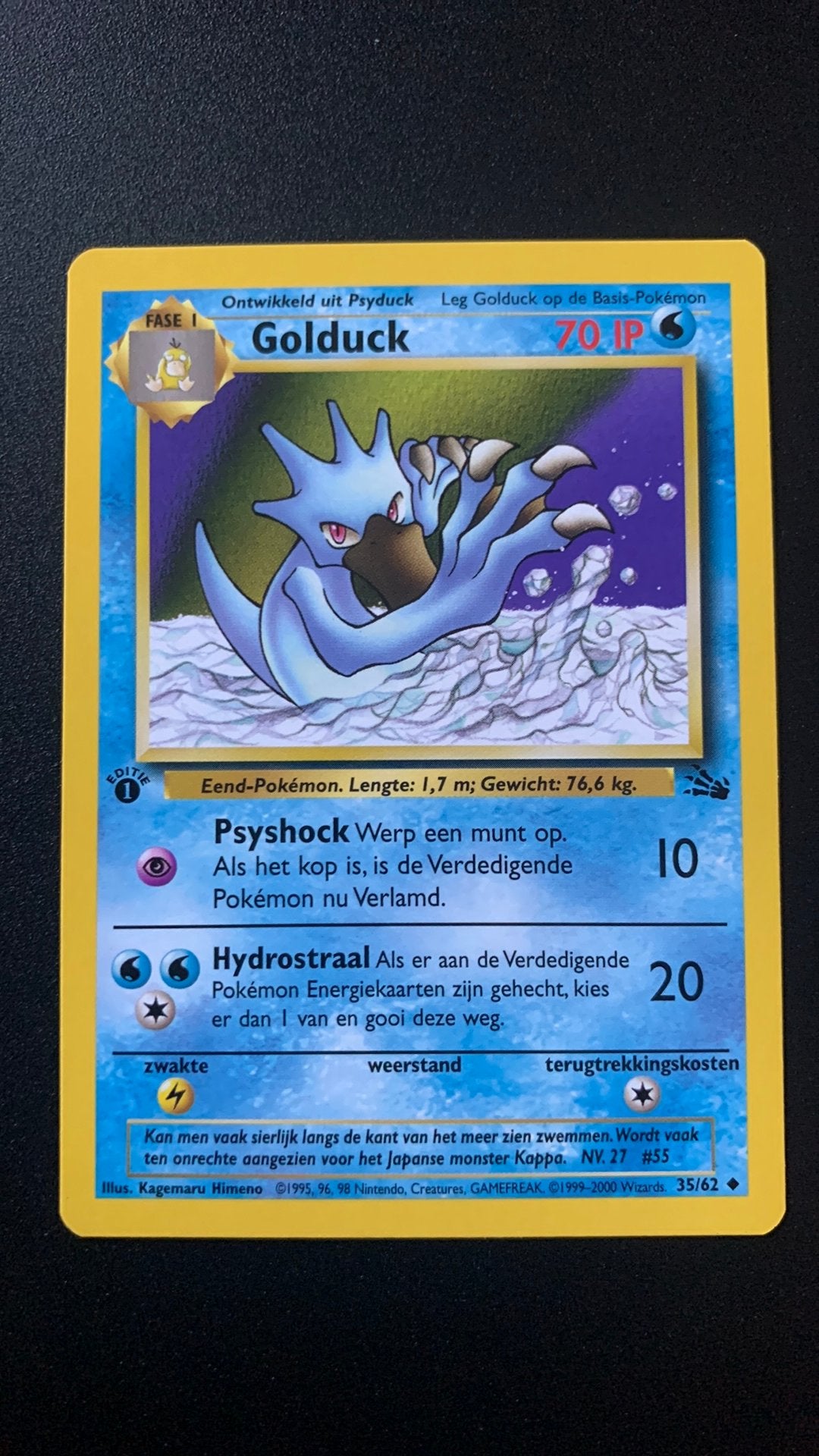 Golduck Fossil 1st edition 35/62 Nederlands Mint Pokemon, Verzenden, Zo goed als nieuw, Losse kaart, Foil