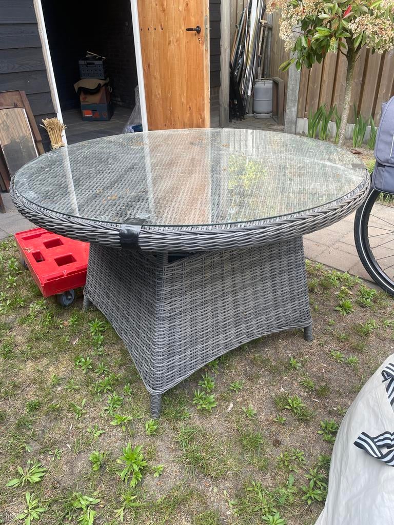 Bois Le Duc ronde tuintafel met glasplaat 118cm, Tuin en Terras, Tuintafels, Zo goed als nieuw, Rond, Overige materialen, Ophalen