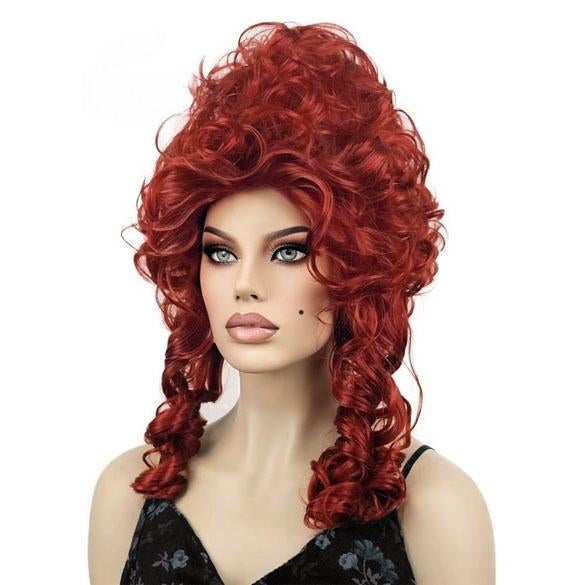 Marie Antoinette burlesque pruik rood kort met pijpekrullen, Verzenden, Nieuw, Pruik of Haarverlenging