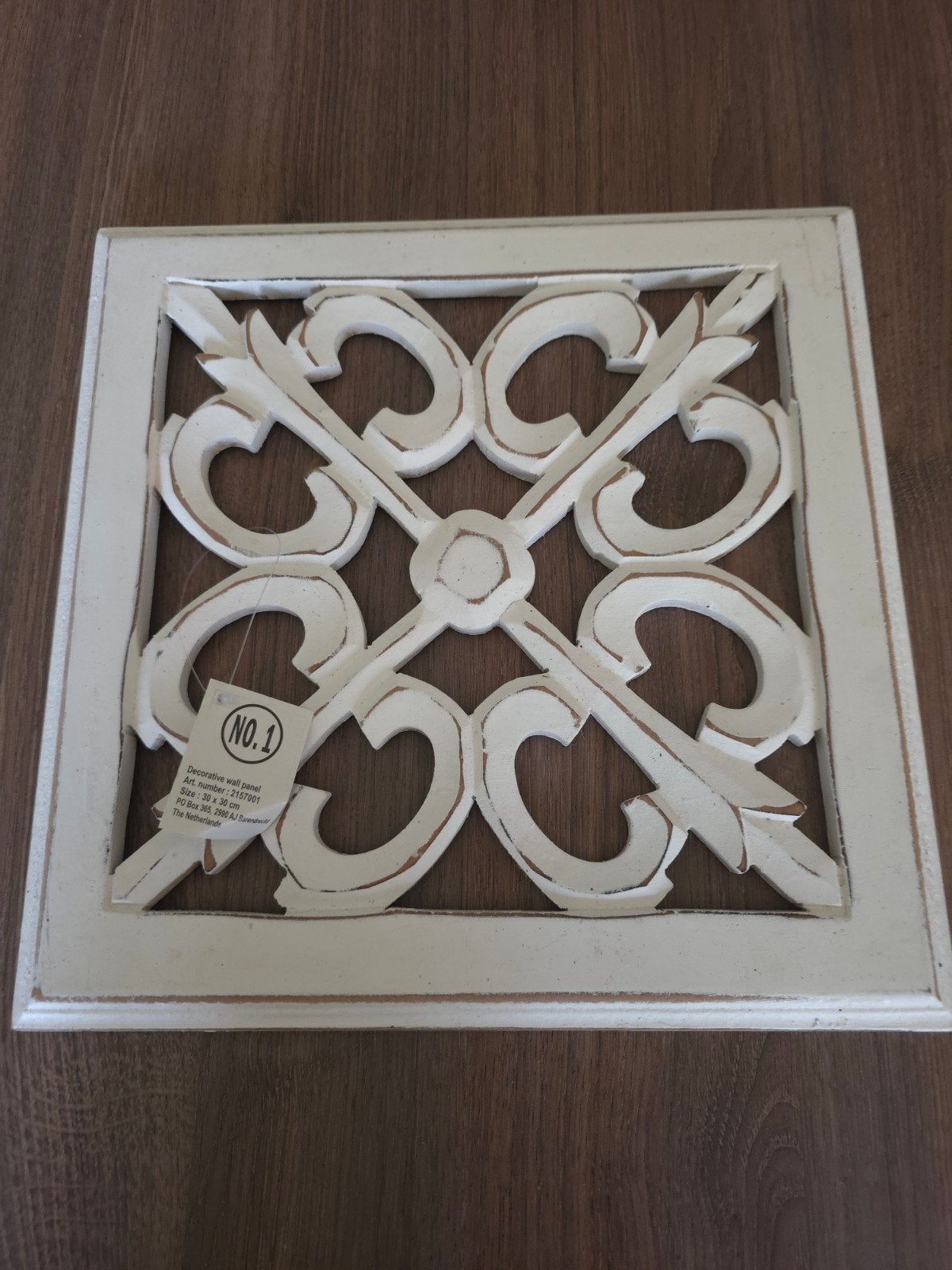 Decoratief wandpaneel wit houtsnijwerk 30x30 cm, Huis en Inrichting, Woonaccessoires | Wanddecoraties, Hout, Ophalen of Verzenden