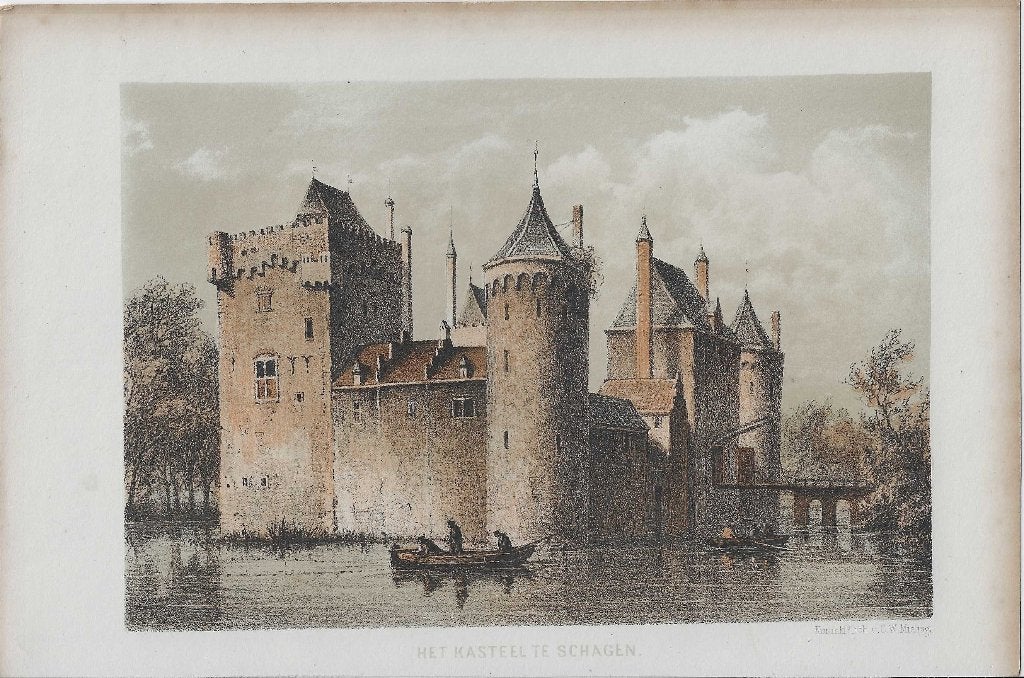 Het Kasteel te Schagen Litho door W.J. Hofdijk ca. 1857, 1800 - 1899, Architectuur, Ophalen of Verzenden, Blanco verso
