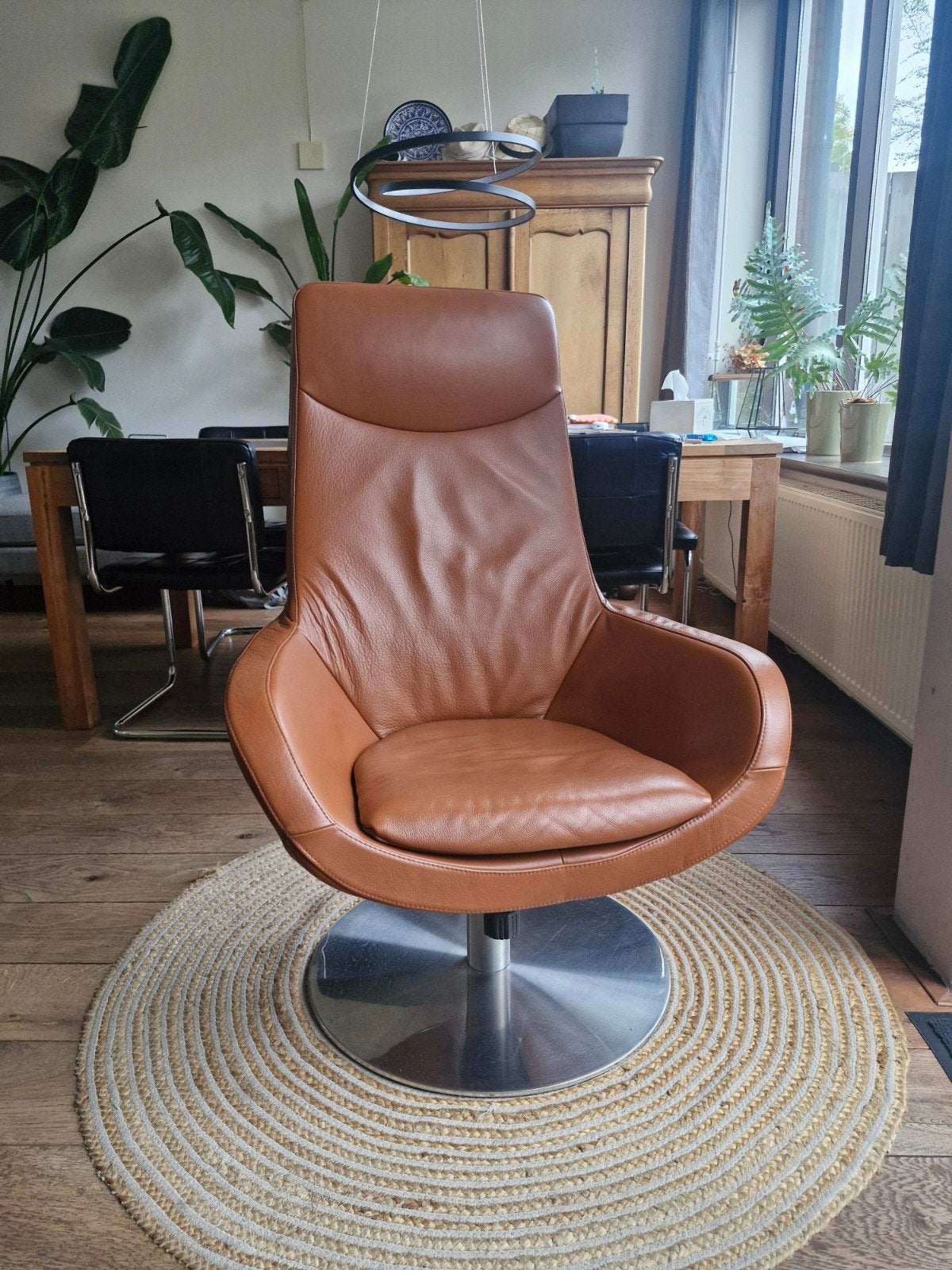 draaifauteuil in cognac leder, Ophalen, Gebruikt, Loft industrieel modern, 75 tot 100 cm